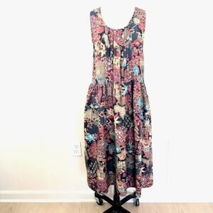 Vintage Bryn Connelly rayon modest, mixed print, pinafore apron dress. Small